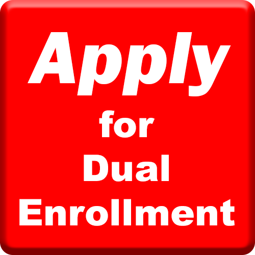 A red button with rounded corners displays the white text "Apply" on the top line, followed by "for" on the second line, "Dual" on the third line, and "Enrollment" on the bottom line. A red button with rounded corners displays the white text "Apply" on the top line, followed by "for" on the second line, "Dual" on the third line, and "Enrollment" on the bottom line.