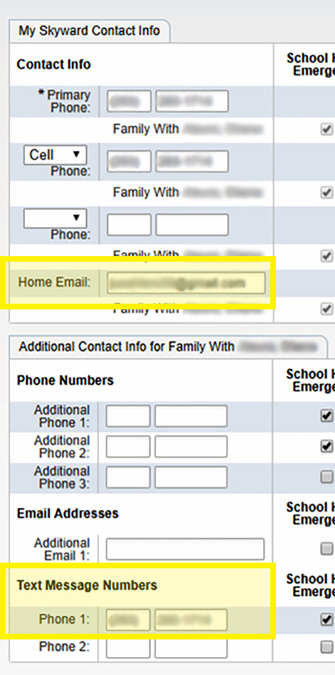 My Skyward Contact screenshot with Email and Text Messages Numbers selected