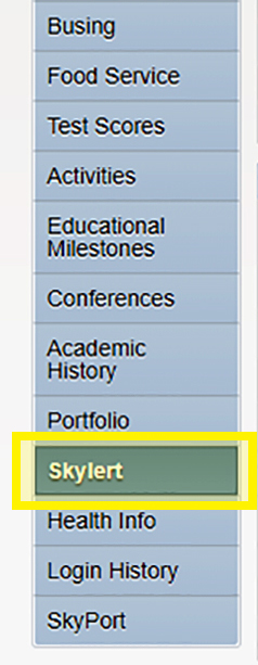Skyward Family Access navigation with Skylert selected