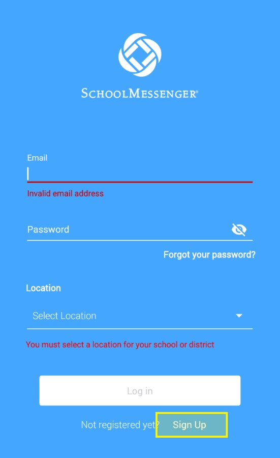 School Messenger App Login Screenshot with Sign Up selected