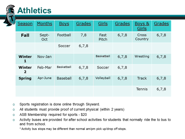2020-2021 Athletic schedule Sports registration is done online through Skyward. All students must provide proof of current physical (within 2 years). ASB Membership required for sports at $20. Activity buses are provided for after school activities for students that normally ride the bus to and from school. Activity bus stops may be different then normal pick-up/drop-off stops. 