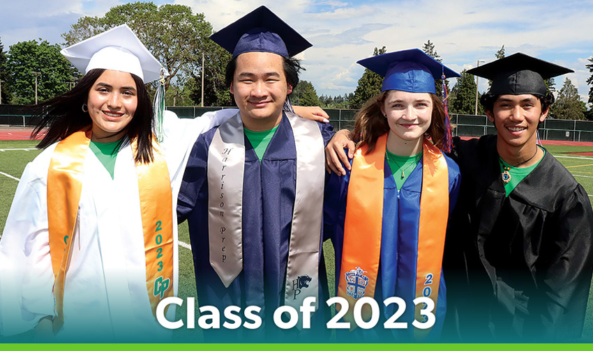 Four students in high school graduation gowns pose together on a sunny field. Below them is text that says "Class of 2023" Four students in high school graduation gowns pose together on a sunny field. Below them is text that says "Class of 2023"