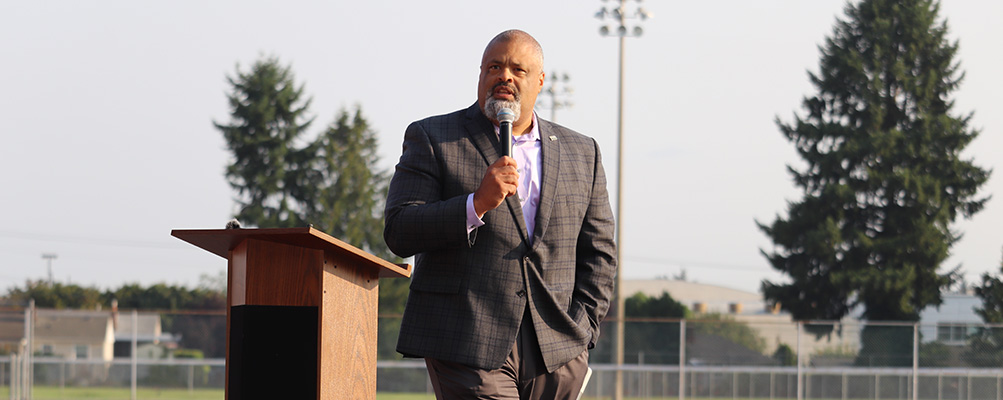 Superintendent Banner Speaking at Educator Event
