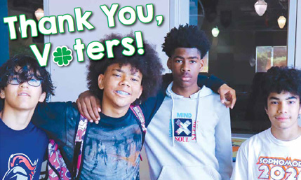 Four students looking into the camera with a caption over top that says "Thank you voters" Four students looking into the camera with a caption over top that says "Thank you voters"