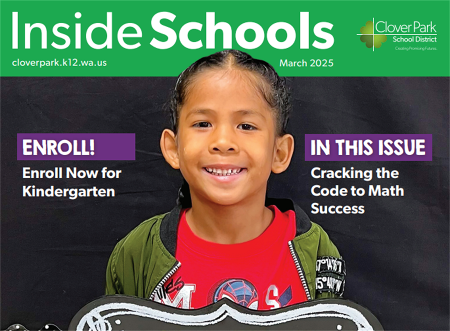 Inside Schools March Cover. Student smiling to camera in front of a black board.