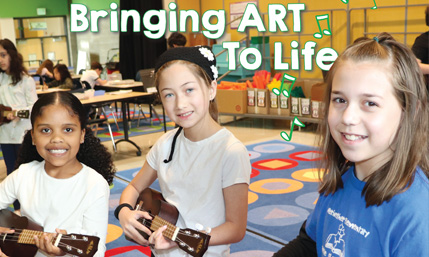 Three students looking at the camera while holding ukuleles with the text "Brining Art to Life" and musical notes. Three students looking at the camera while holding ukuleles with the text "Brining Art to Life" and musical notes.