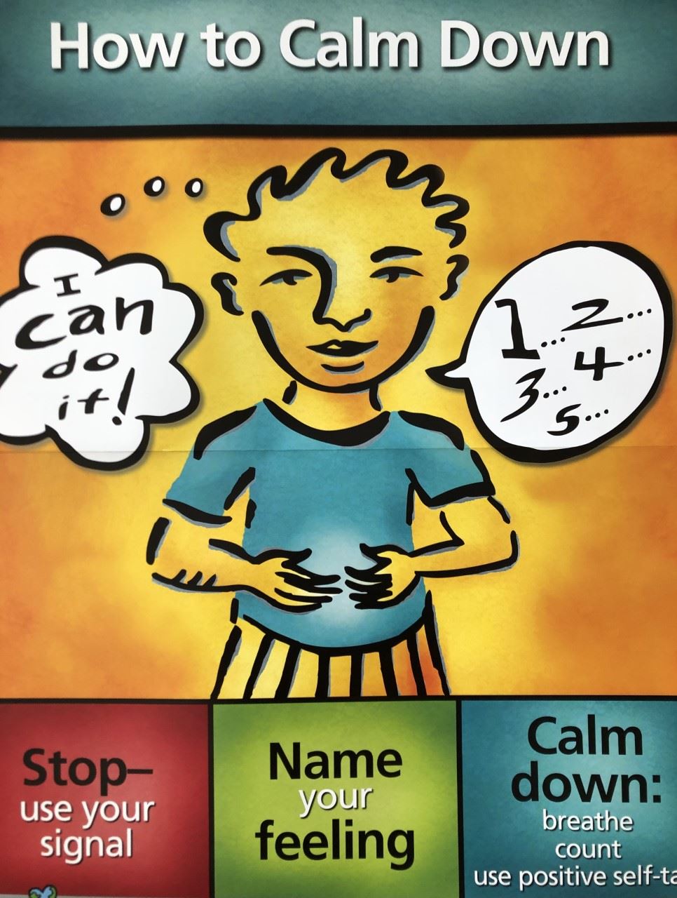 How to Calm down with student saying I can do it and counting from 1 to 5. At the bottom is Stop - use your signal, Name your feeling, Calm down: breathe count use positive self talk