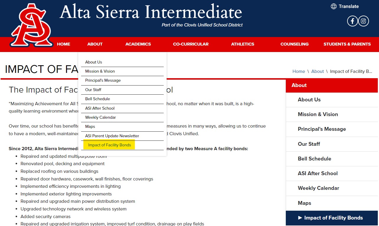 Example of navigation to Impact of Facility Bonds page