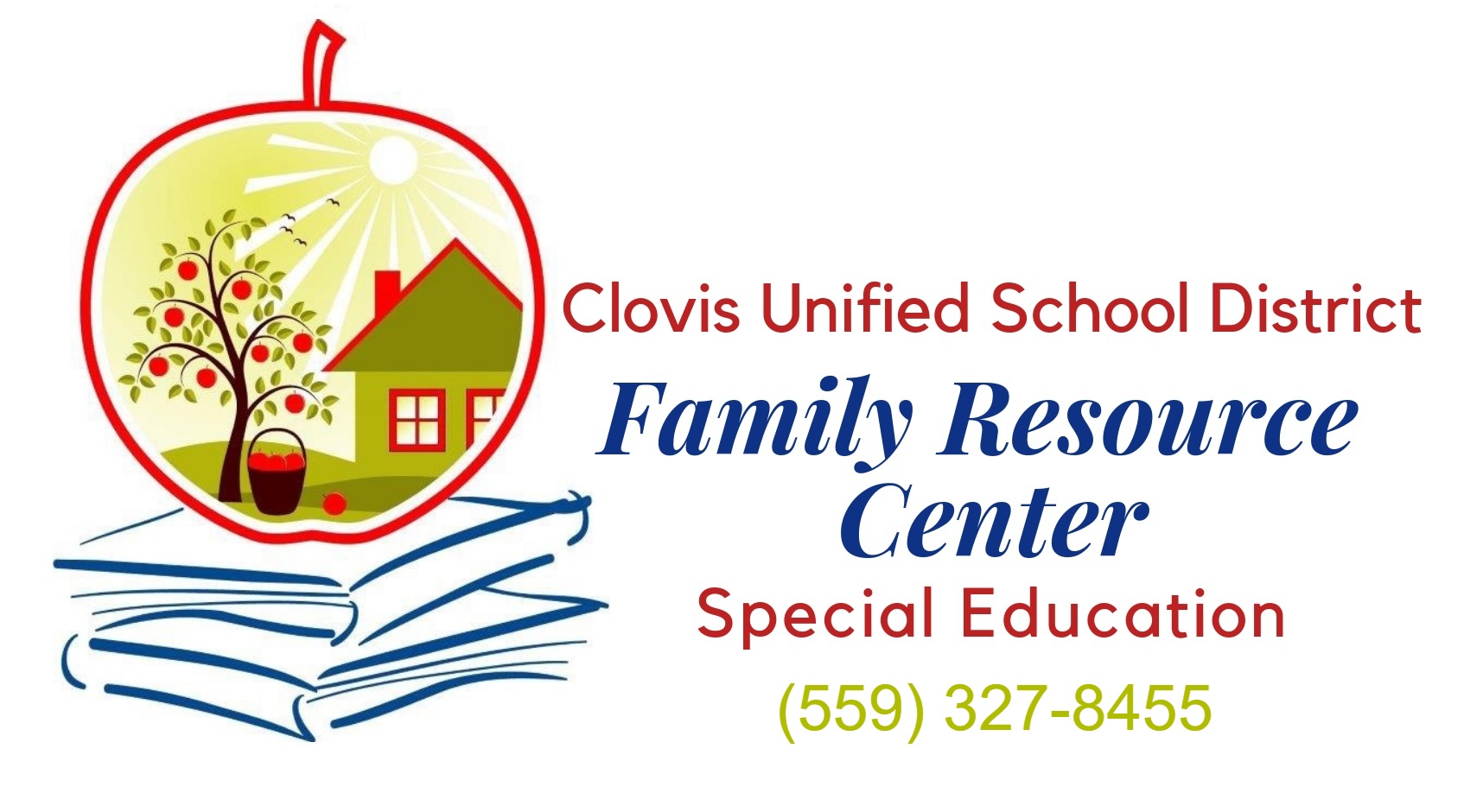 CUSD Family Resource Center logo. Red clip art apple with house and apple tree inside.