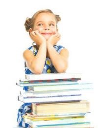 Child leaning on books