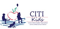 CITI Kids logo clip art drawing of a red apple on top of a stack of blue books with 3 shadows of three small children