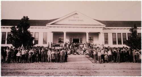 Staff and Students Standing in front of old Clovis Elementary