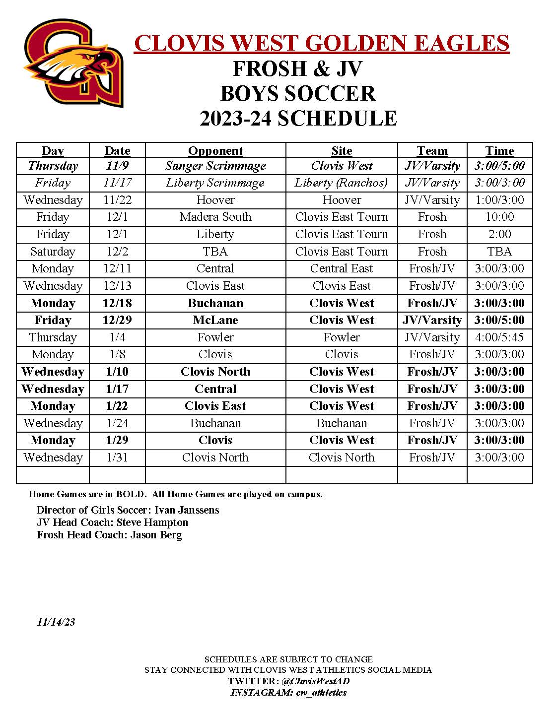 JV Boys Soccer Schedule