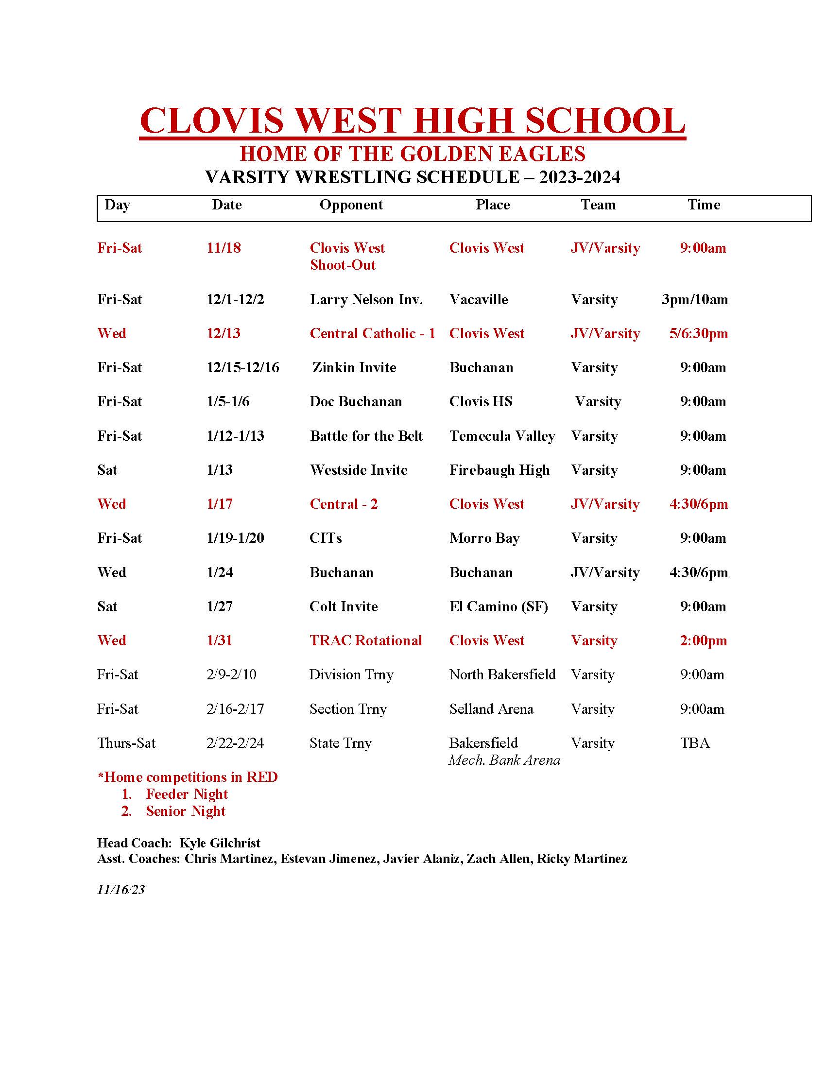 Wrestling schedule