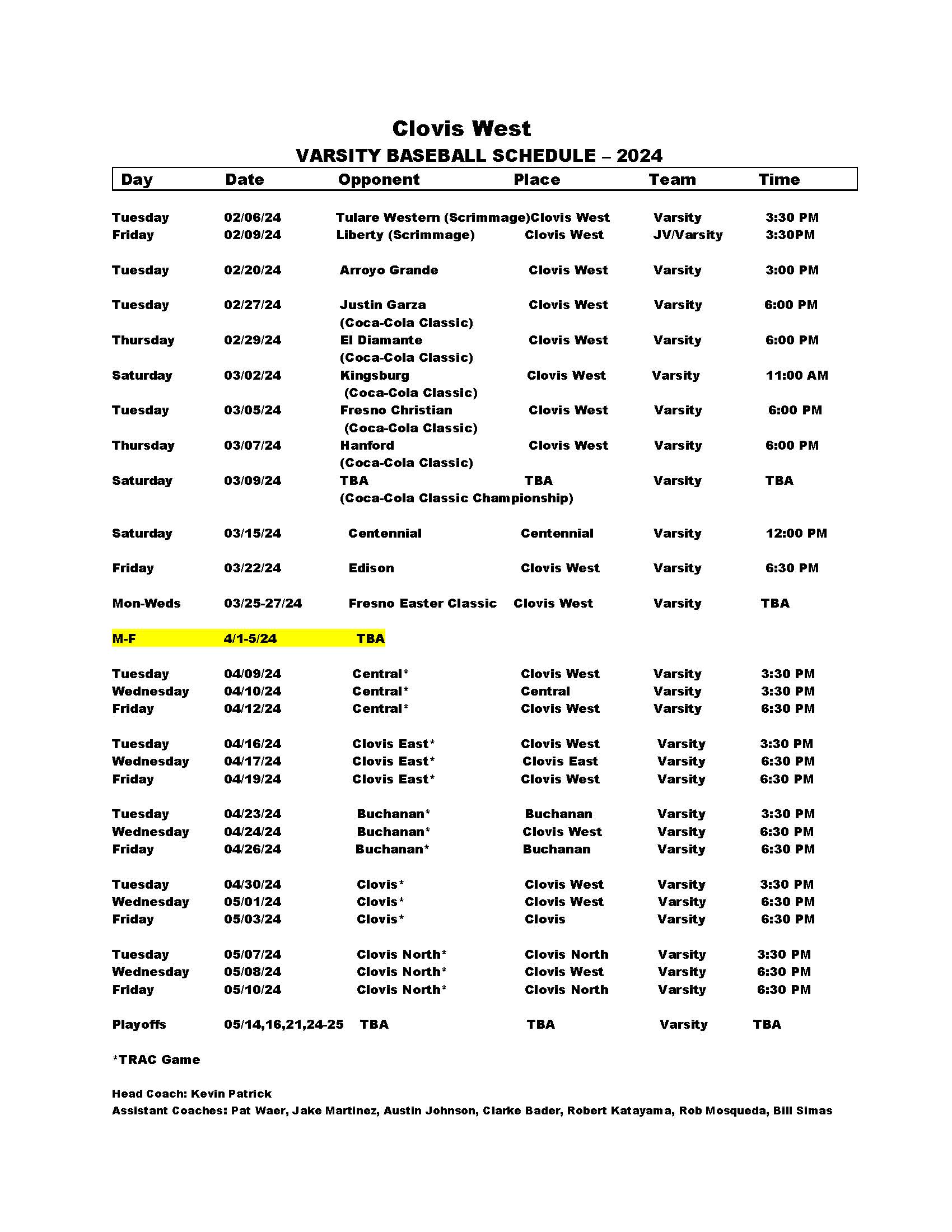 Varsity Schedule