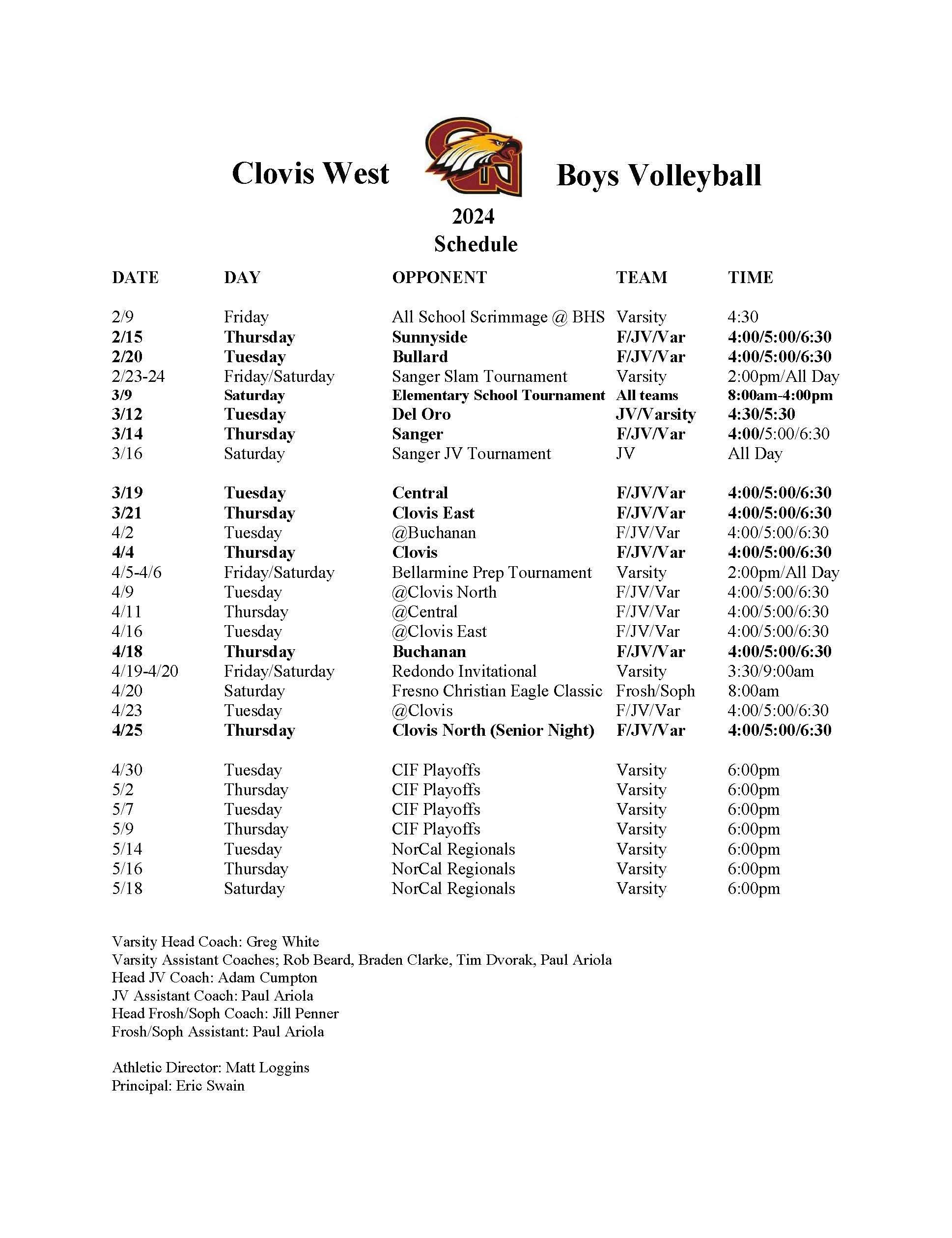 Volleyball Schedule