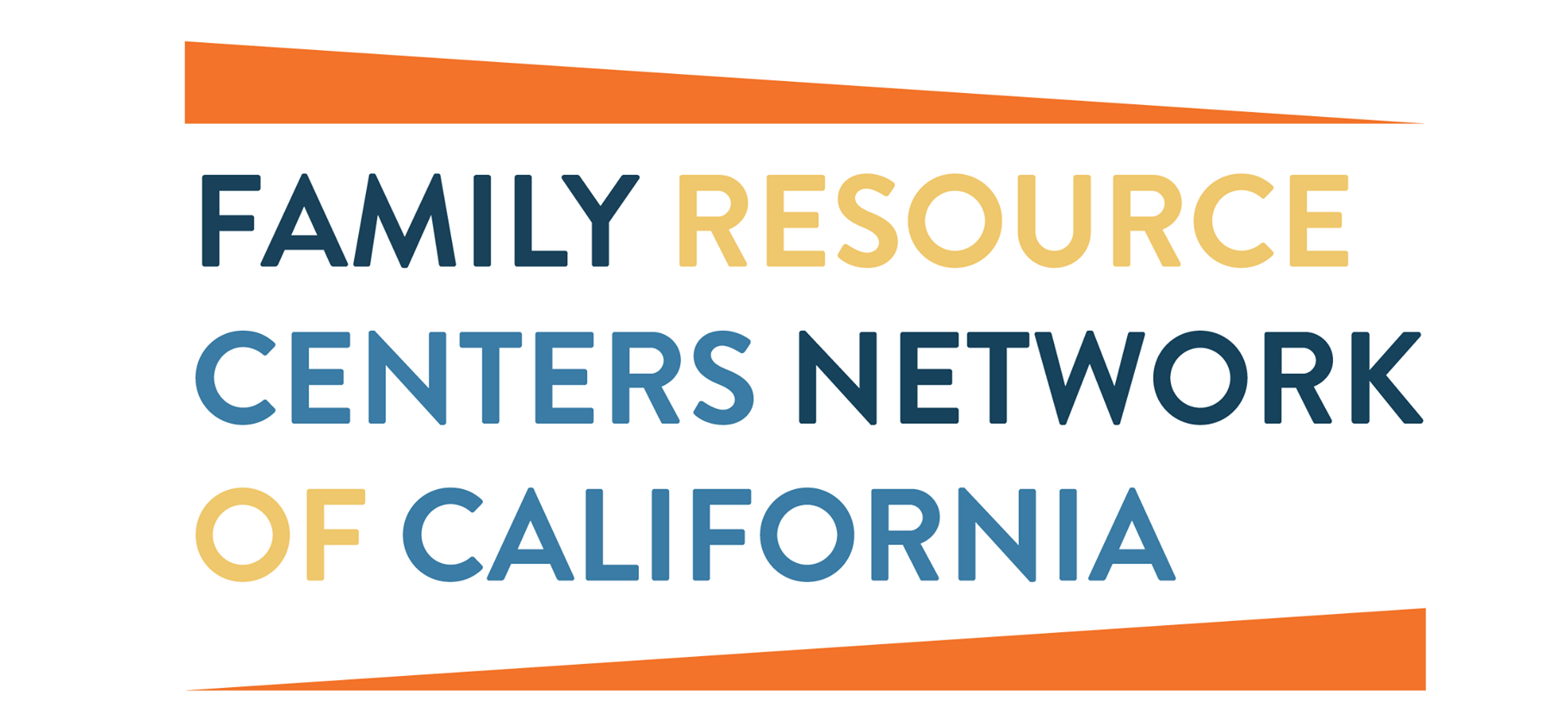 Family Resource Centers Network of CA logo. Orange triangles with blue, black and yellow font