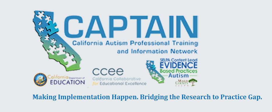 CA Autism Professional Training and Information Network logo. Blue and green image of the shape of the state of CA with puzzle pieces shaped cut outs.