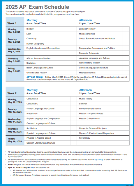 AP exam Schedule