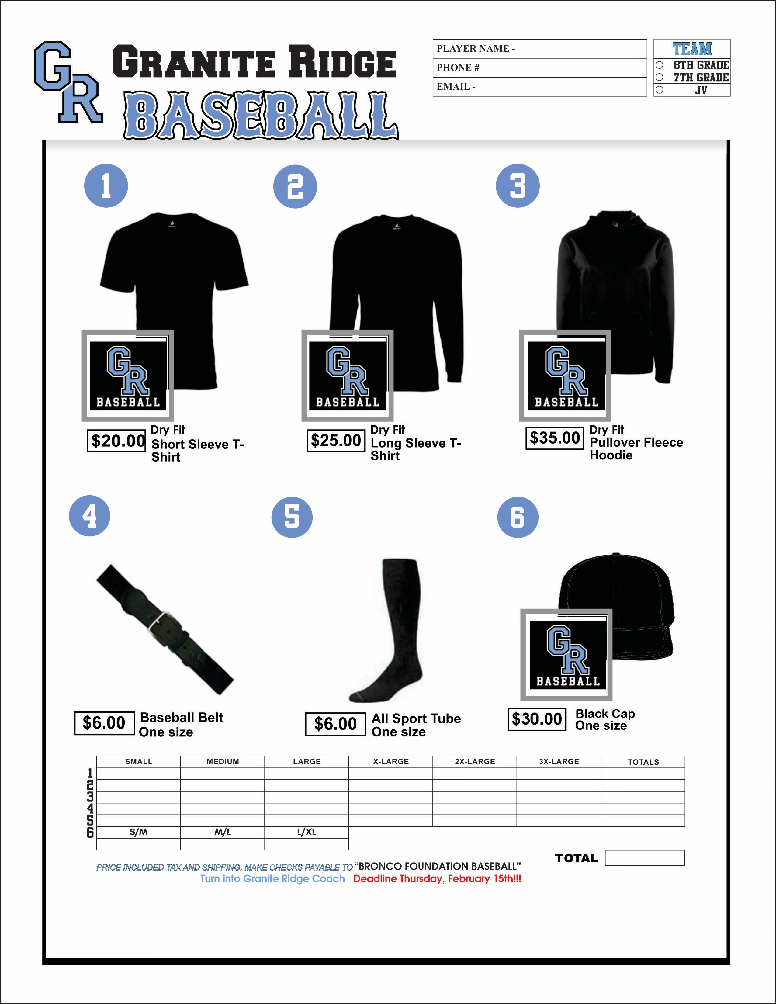 baseball ordering information