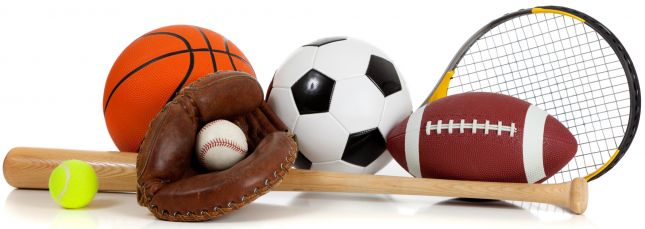 Photo of bat, baseball, basketball, mitt, soccer ball, racket, and football