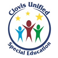 Blue circle with blue lettering on outside edge that reads "Clovis Unified Special Education". Inside the circle are 3 stick figures, one red, one green and one sky blue, with a yellow star above each one. 