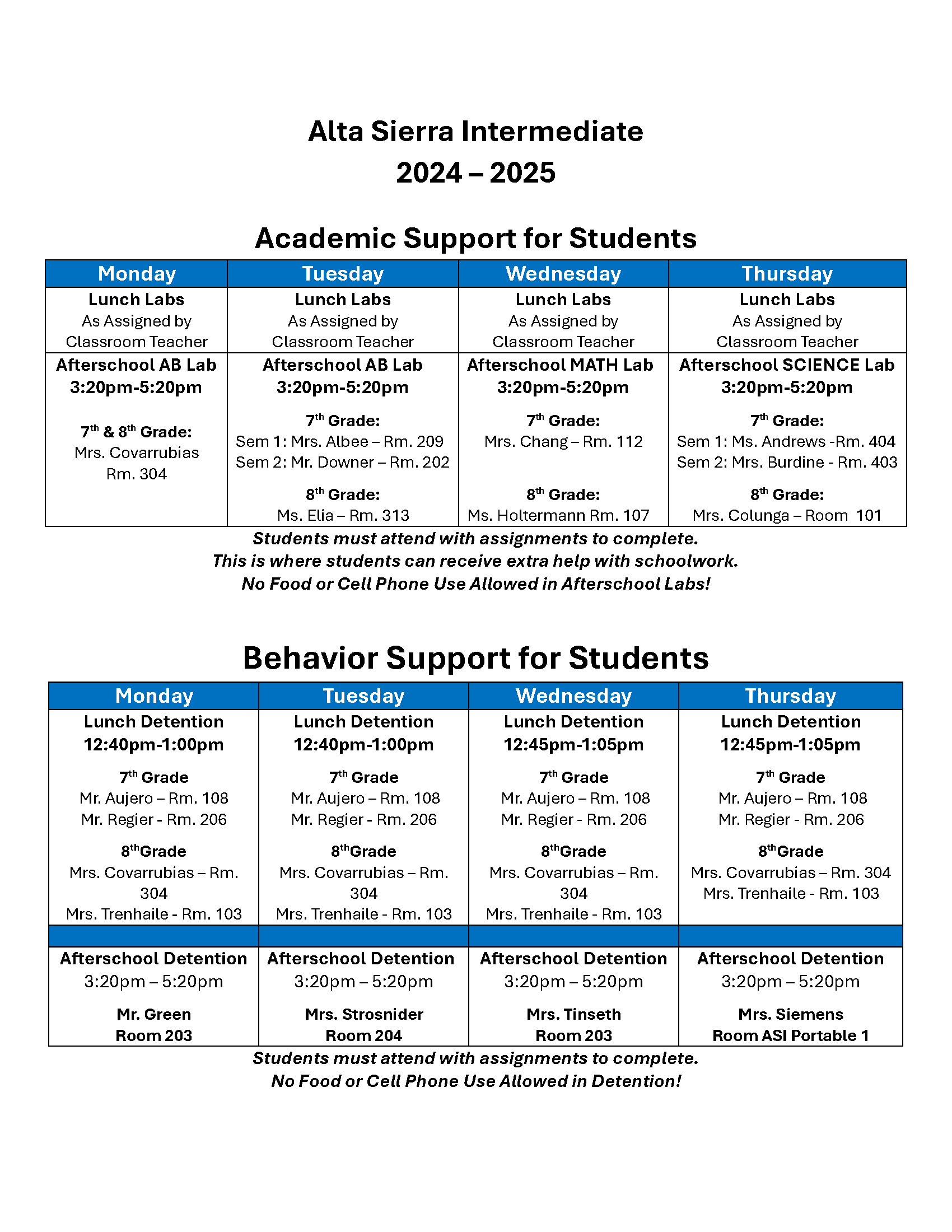 2024-2025 Lab Schedule