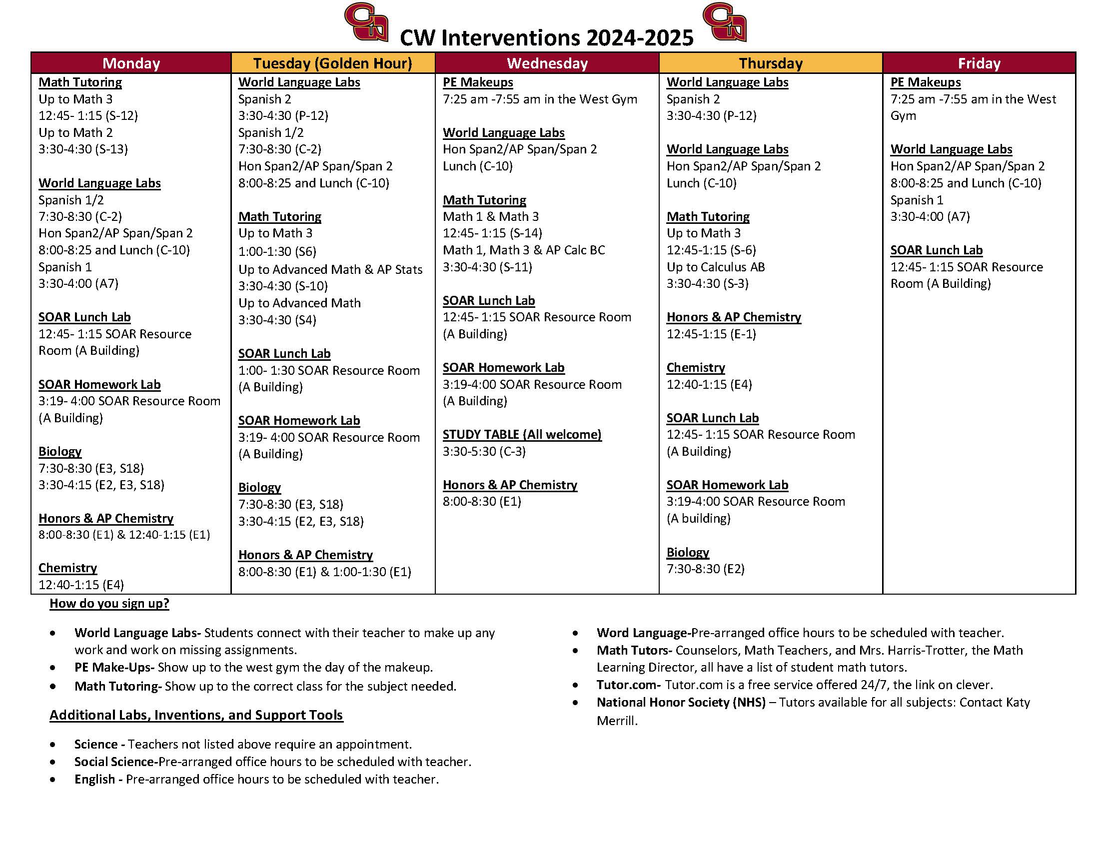 Study Table schedule