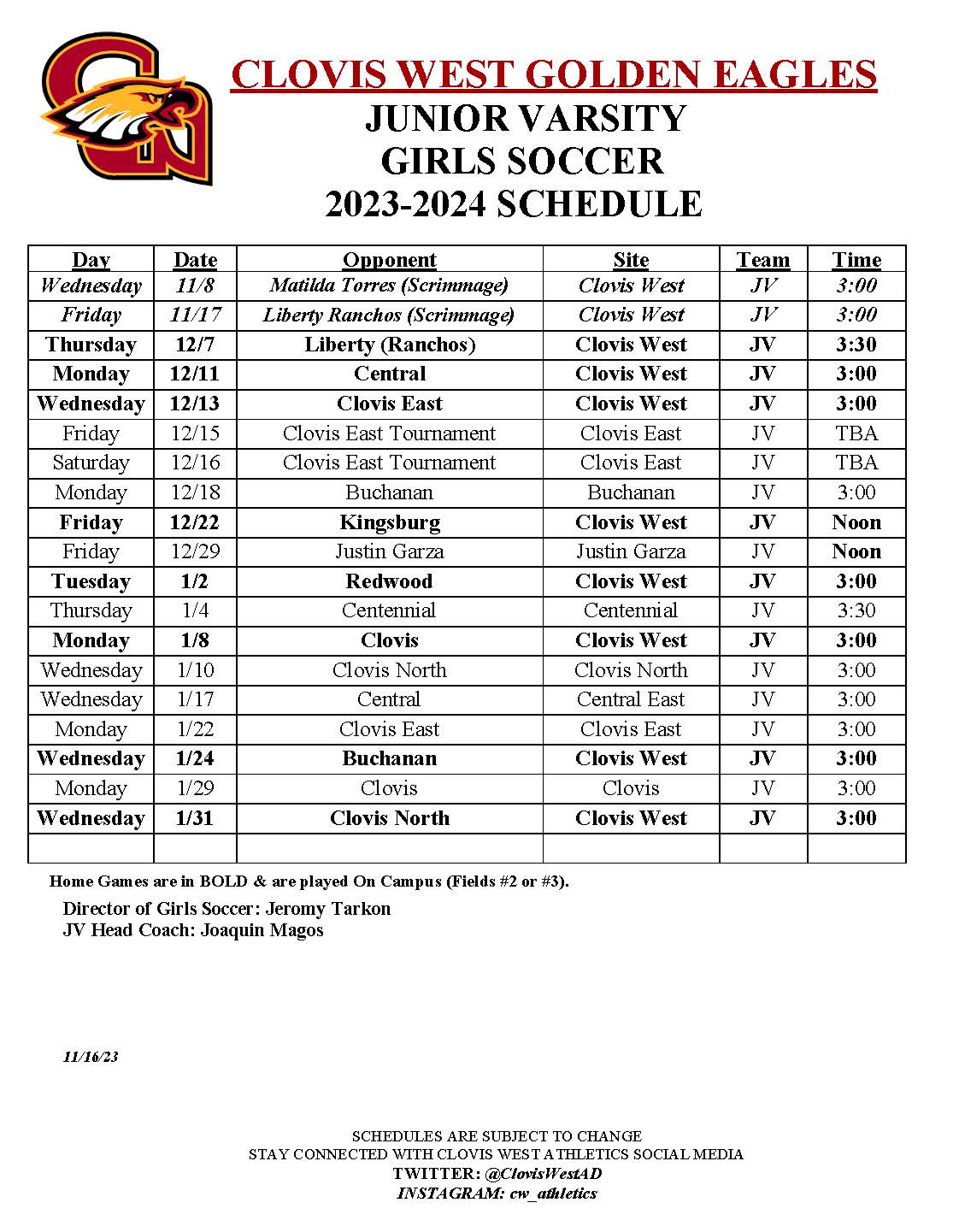 JV schedule