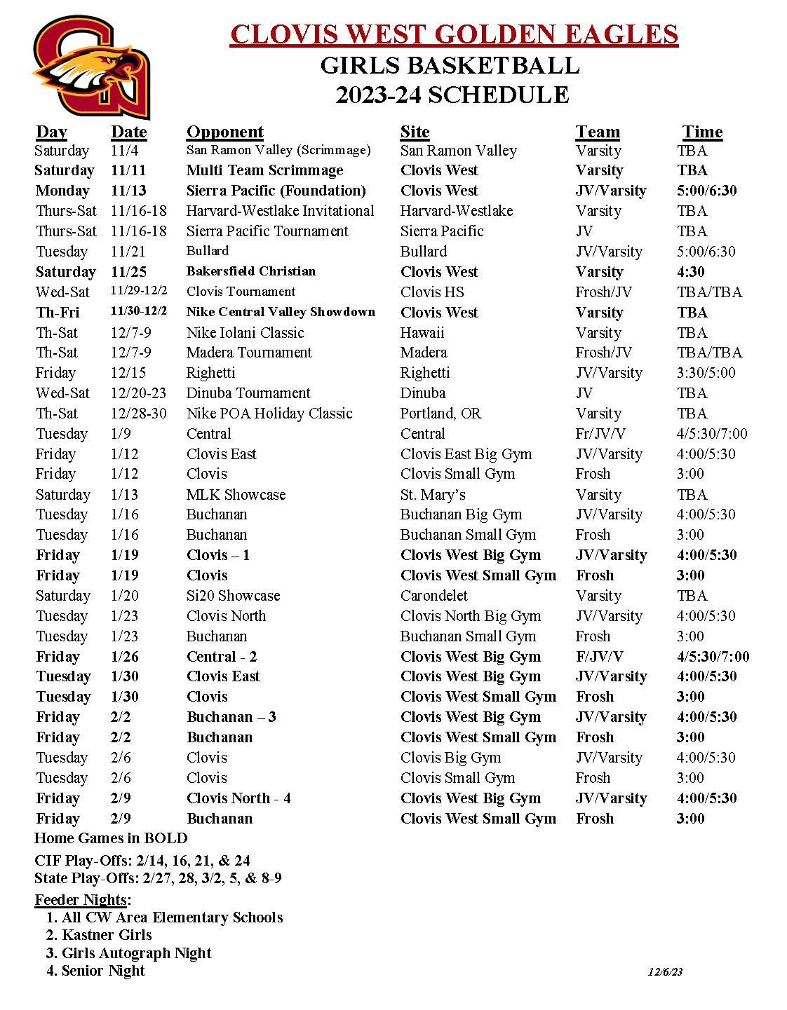 Girls Basketball Schedule