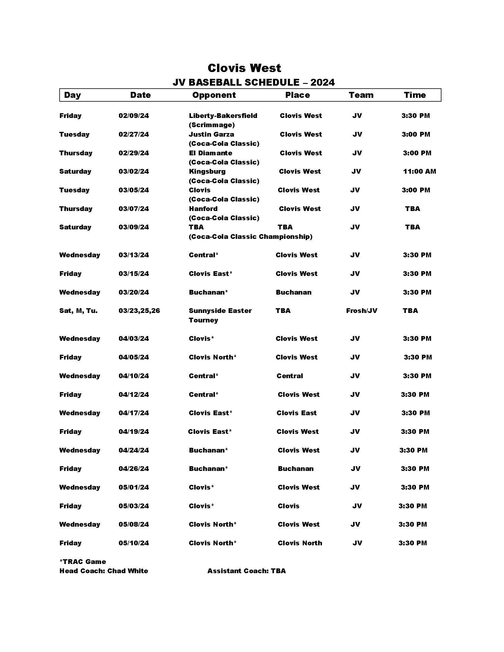 JV schedule