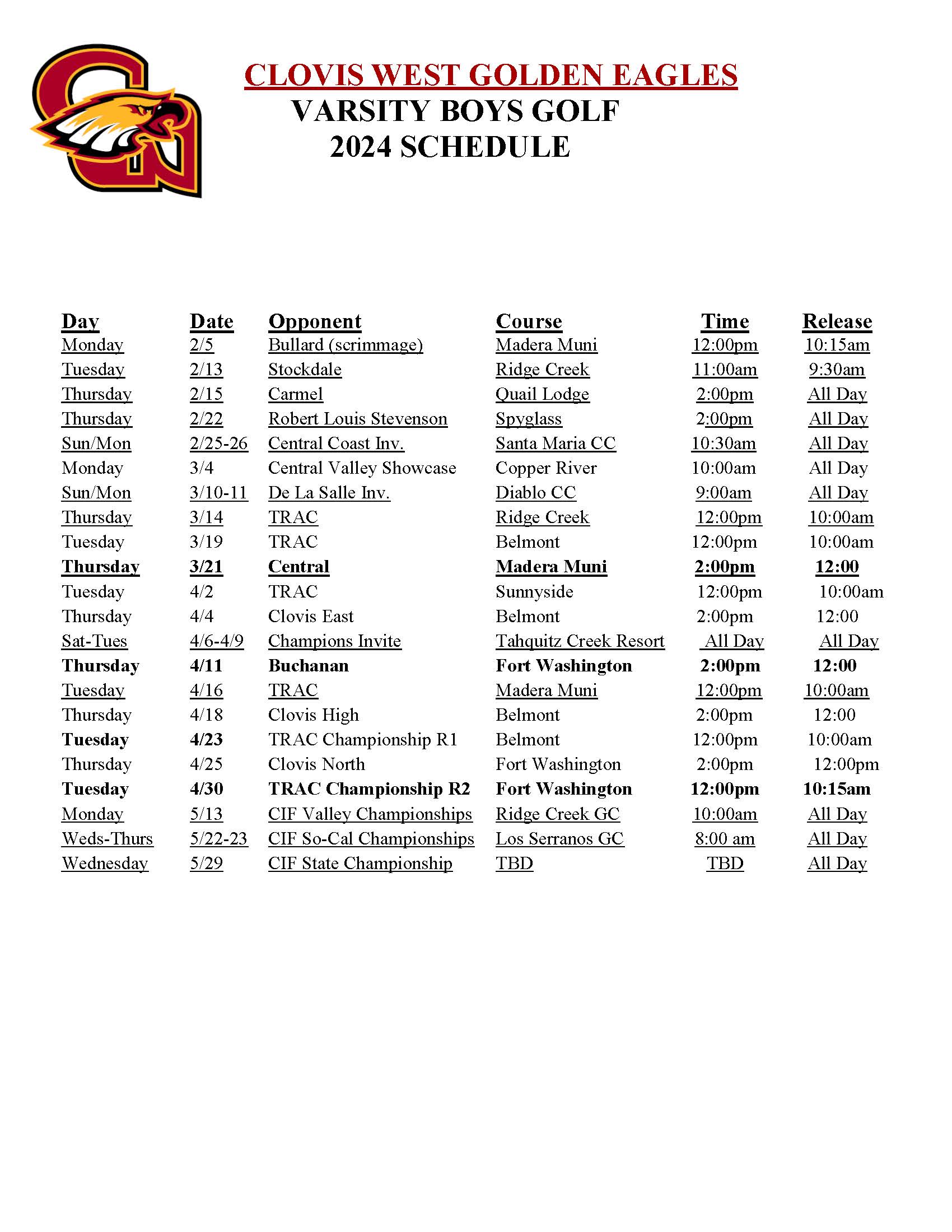 Golf Schedule