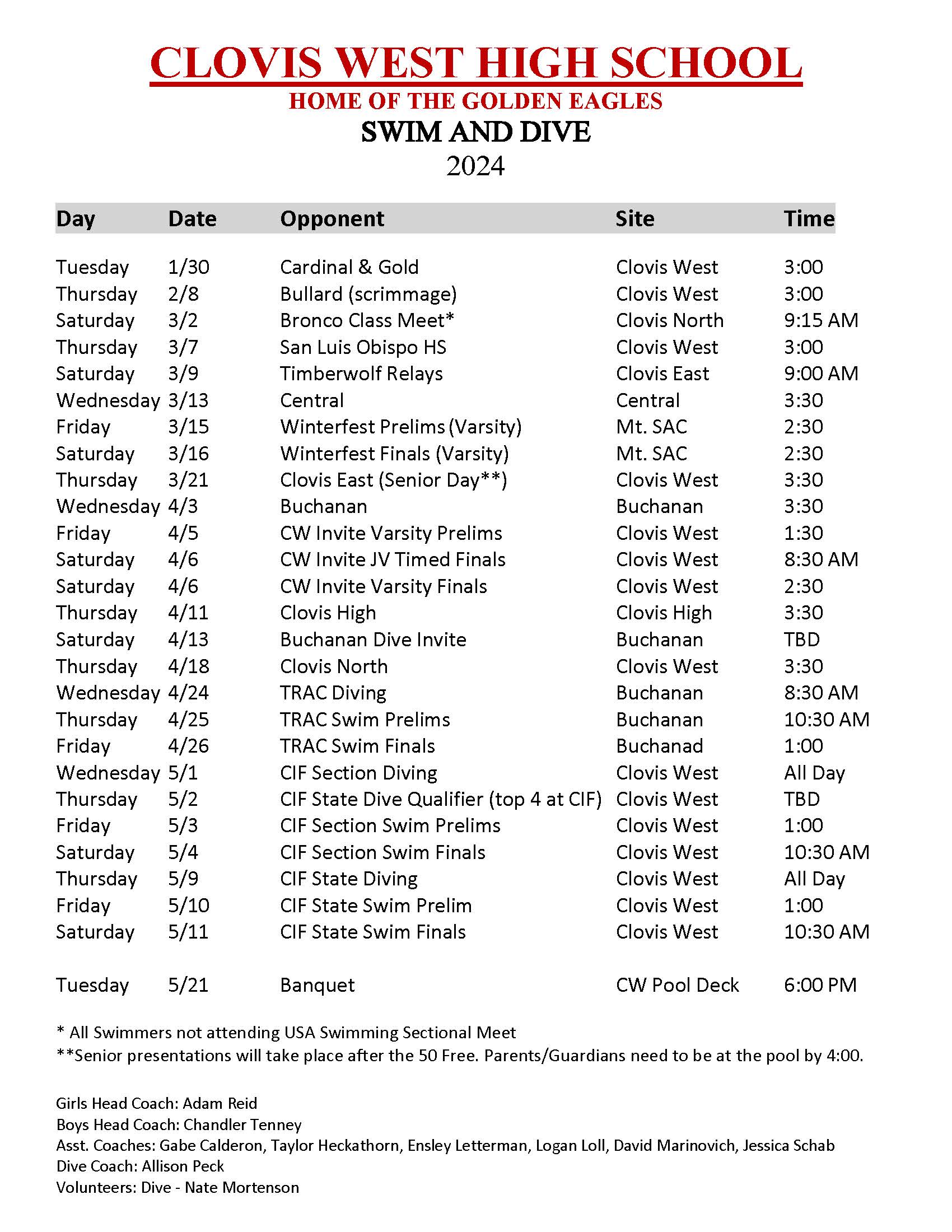 Swim & Dive Schedule