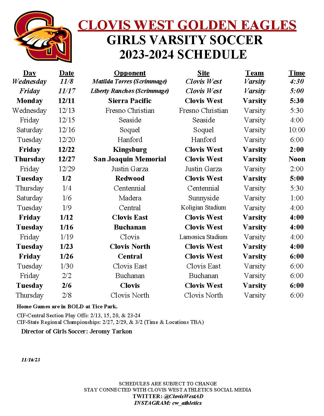 Varsity Schedule