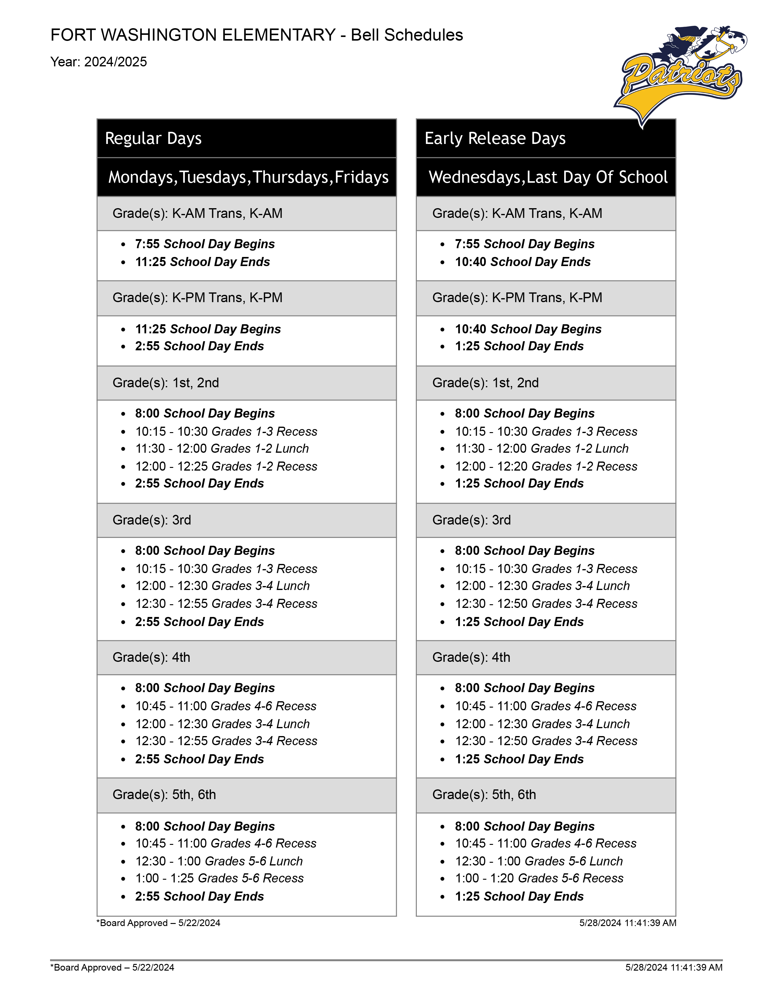 Image of the Fort Washington Bell Schedule for the 2024-25 School year.