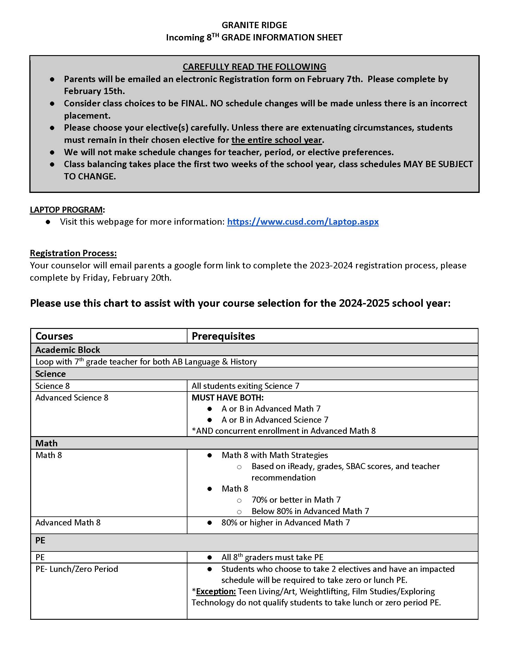 8th grad course information