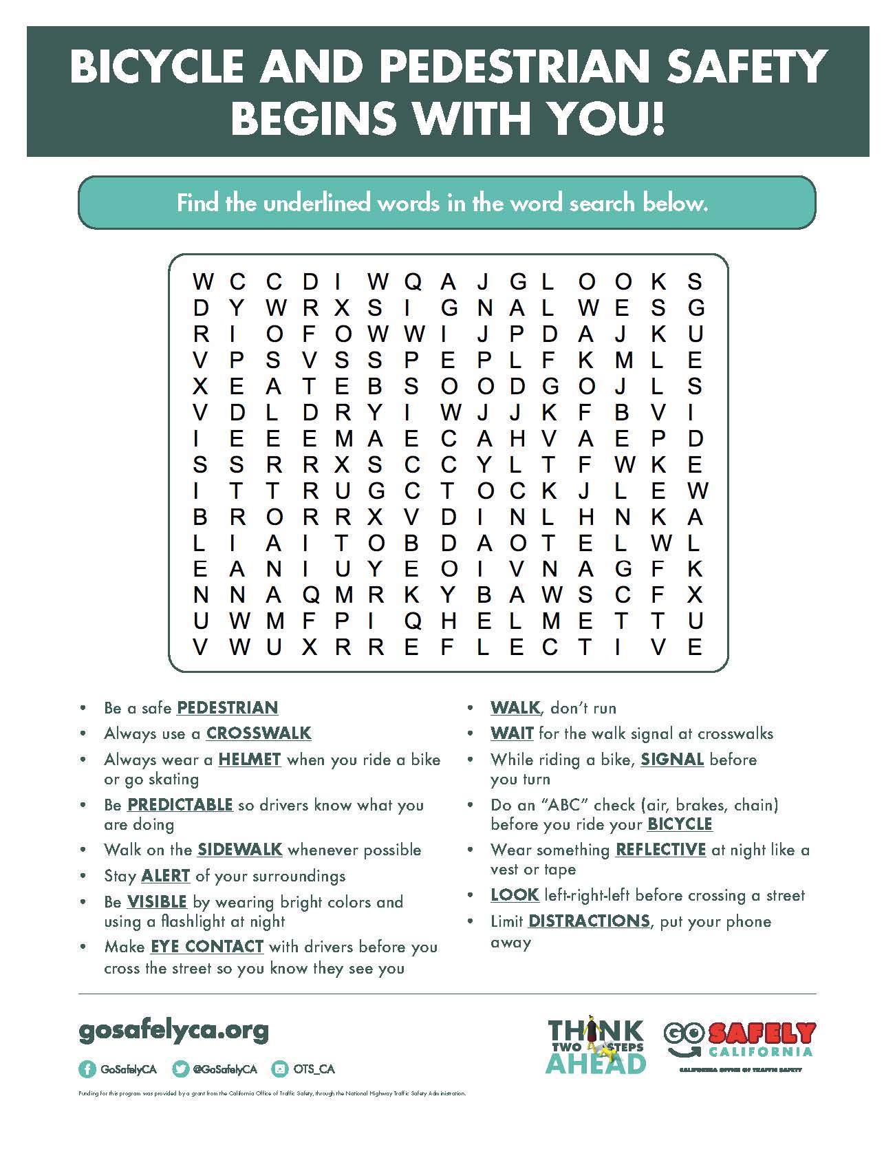 Image for: Bicycle & Pedestrian Safety Word Search