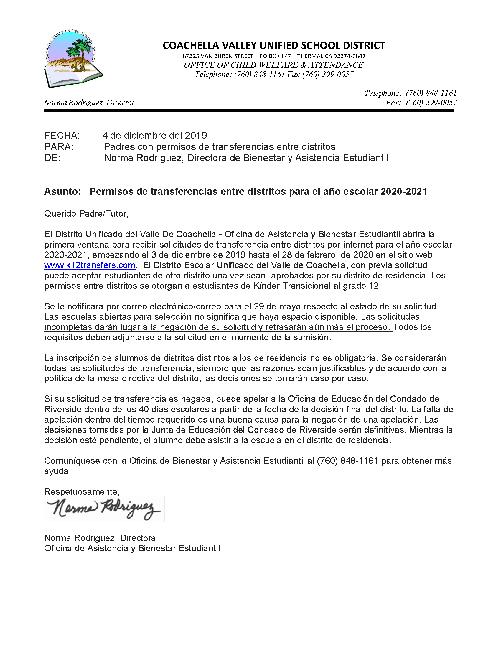 20-21 Ltr. to Parent RE Inter District Transfers Permits 