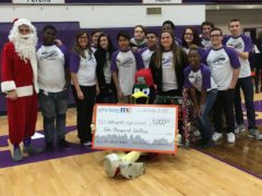 Fredbird with CHS students posed with $5000 check for Get to Know ME video contest