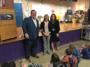 Jason Rehg, Anne Bauer and Chelsea Clark at Teacher of the Month presentation