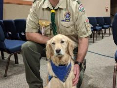 Webster Principal Brad Snow with Esther Comfort Dog