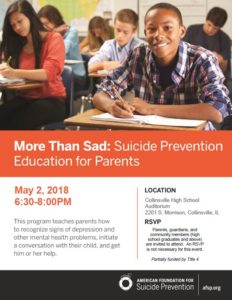 Photo of flyer for May 2 suicide prevention edcuation event at Collinsville High School 