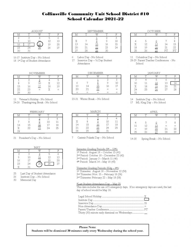 2021-22 Collinsville CUSD 10 Calendar Approved Jan 25 2021