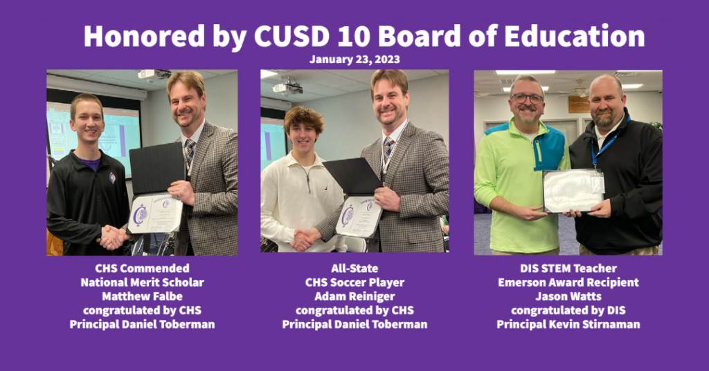 Students and Teacher Honored at Jan 23 2023 CUSD 10 BOE Meeting