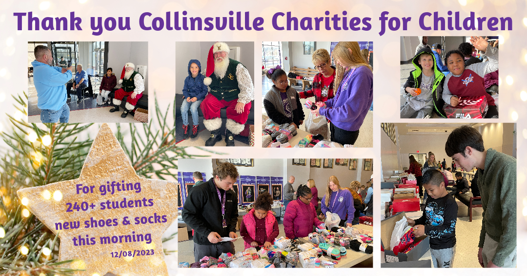 Collage of photos from 2023 Collinsville Charities for Children shoe distribution event