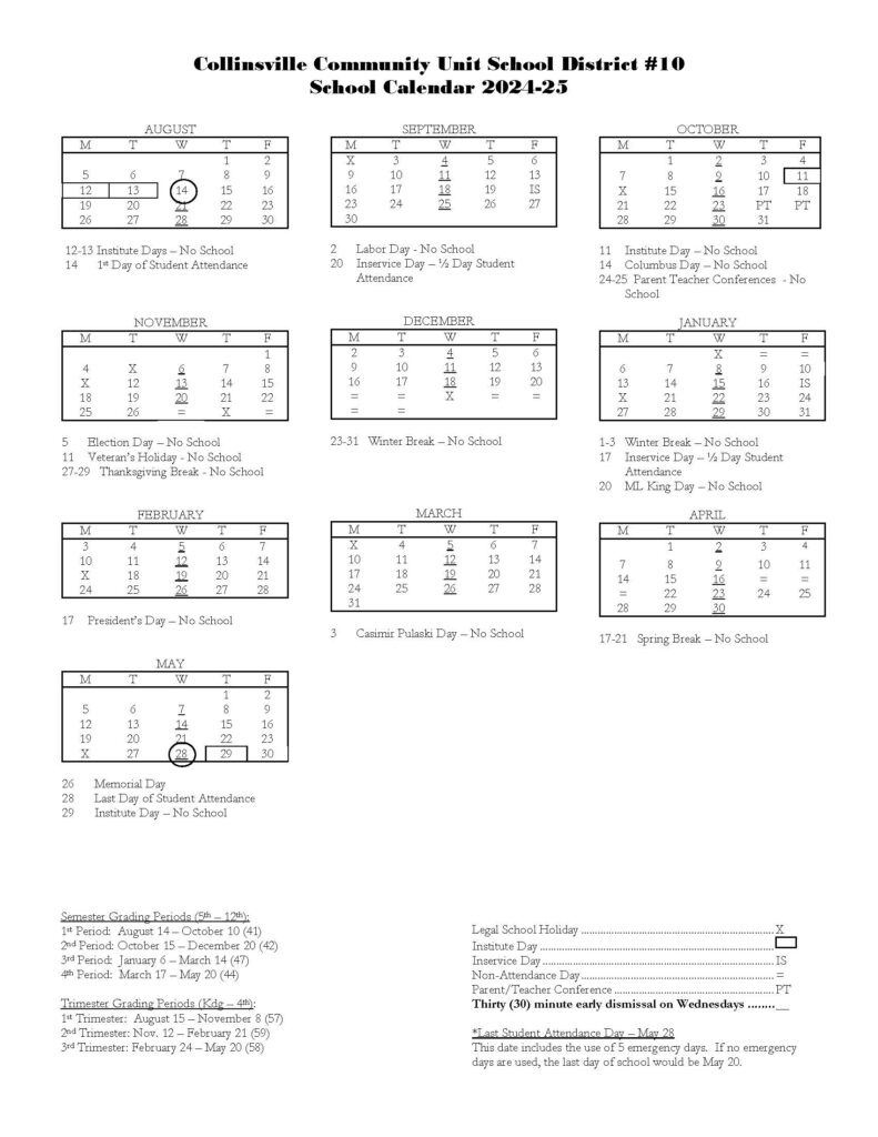 Collinsville CUSD 10 2024-25 school year calendar