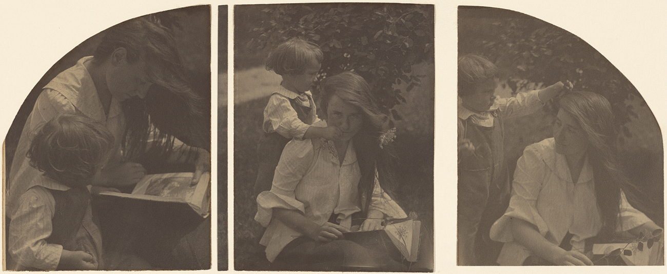 Triptych of a seated woman with long hair and a white shirt, reading a book to a very young child.