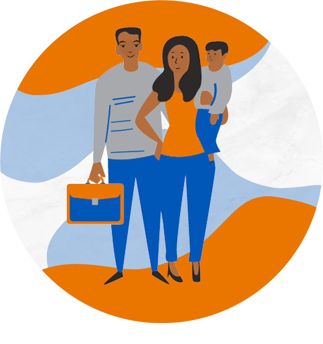 A picture of a mother with her child (i.e., a family) and a business partner standing together