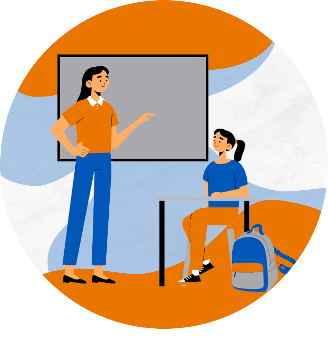 A picture of a teacher with her student or scholar providing instruction