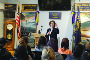 Val Hoyle speaking to students